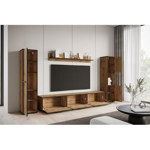 Mur TV 180 Cm 2 Colonnes + Étagère Chêne Wotan / Noir Mat