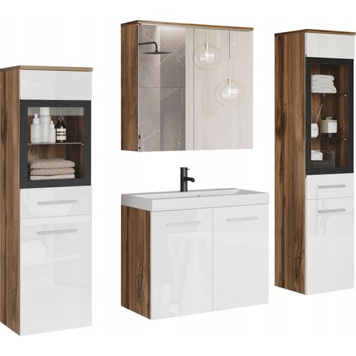 Salle De Bain Suspendue Lavabo 2 Colonnes + Armoire Miroir Wotan Mat / Blanc Brillant