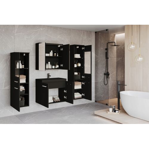 Salle De Bain Suspendue Lavabo 2 Colonnes + Armoire Miroir Graphite Noir Mat