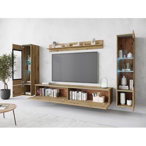 Ensemble Salon 4 Éléments: TV 180 + 2 Vitrines + Étagère, Chêne Artisan Mat