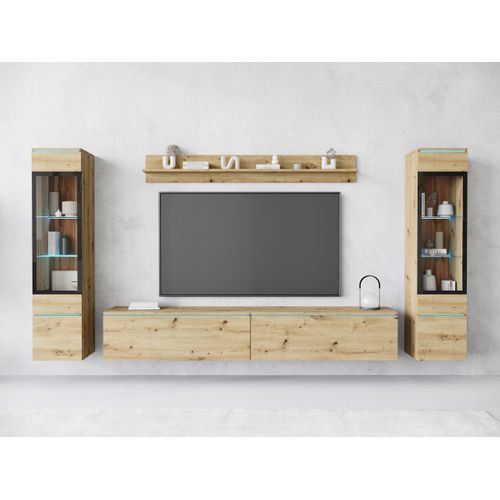 Ensemble Salon 4 Éléments: TV 180 + 2 Vitrines + Étagère, Chêne Artisan Mat