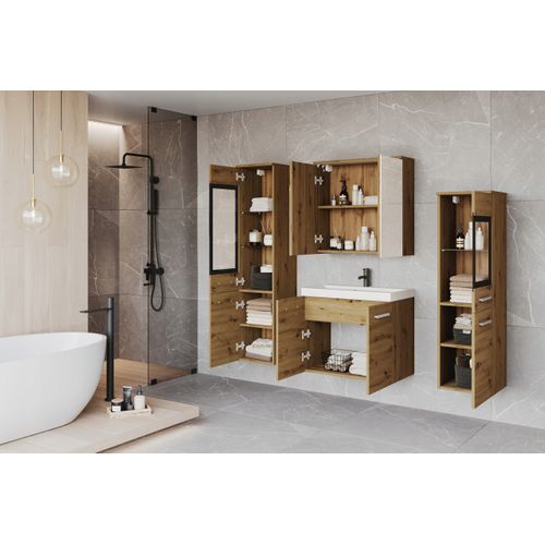 Salle De Bain Suspendue Lavabo 2 Colonnes + Armoire Miroir Chêne Artisan Mat