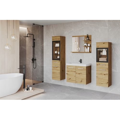Salle De Bain Suspendue Lavabo 2 Colonnes + Miroir Étagères Chêne Artisan Mat