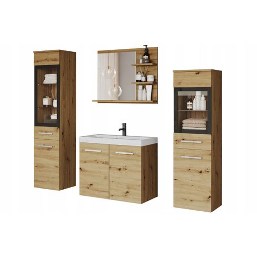 Salle De Bain Suspendue Lavabo 2 Colonnes + Miroir Étagères Chêne Artisan Mat