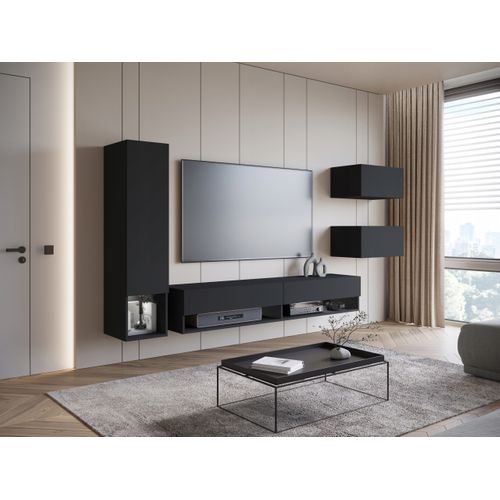 Mur TV Suspendu 180 Cm Colonne + Rangements Graphite Noir Mat