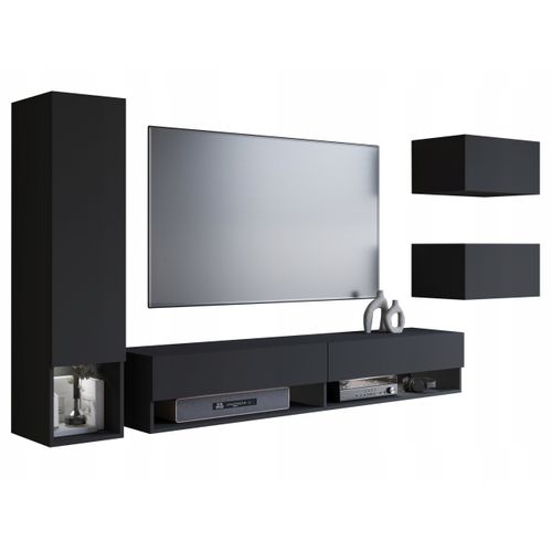 Mur TV Suspendu 180 Cm Colonne + Rangements Graphite Noir Mat