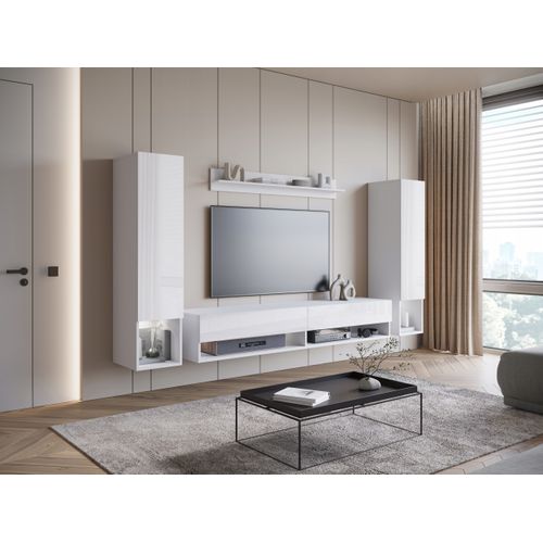 Mur TV Suspendu 180 Cm 2 Colonnes + Étagère Blanc Mat / Blanc Brillant