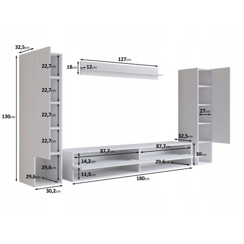 Mur TV Suspendu 180 Cm 2 Colonnes + Étagère Blanc Mat / Blanc Brillant