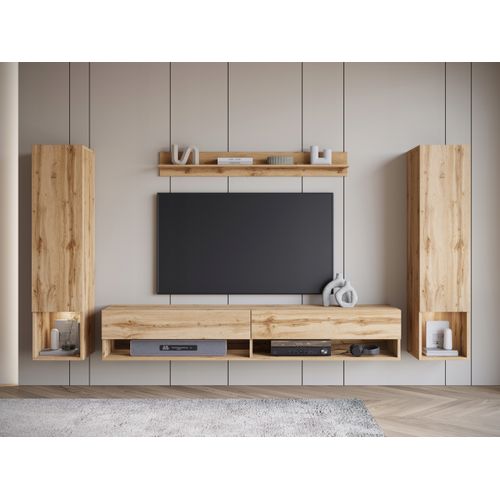 Mur TV Suspendu 180 Cm 2 Colonnes + Étagère Chêne Wotan Mat
