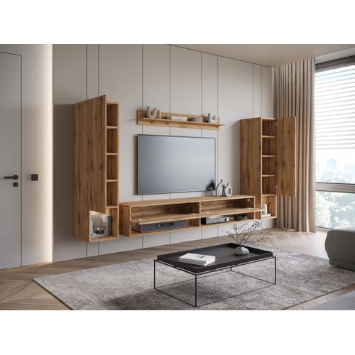 Mur TV Suspendu 180 Cm 2 Colonnes + Étagère Chêne Wotan Mat