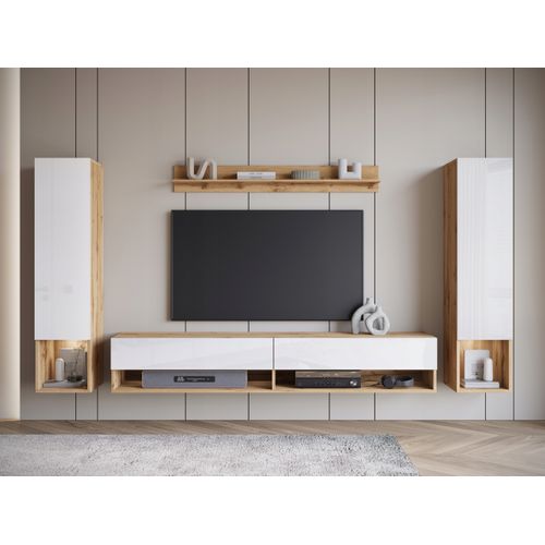 Mur TV Suspendu 180 Cm 2 Colonnes + Étagère Chêne Wotan Mat / Blanc Brillant