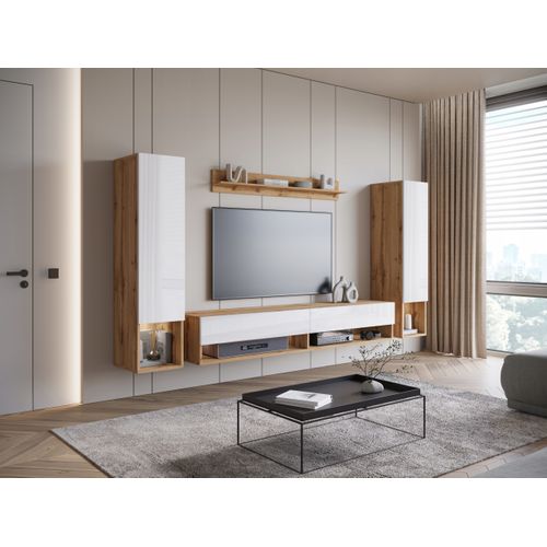Mur TV Suspendu 180 Cm 2 Colonnes + Étagère Chêne Wotan Mat / Blanc Brillant