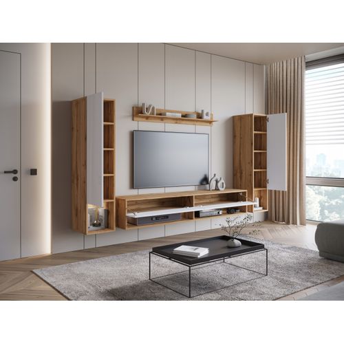 Mur TV Suspendu 180 Cm 2 Colonnes + Étagère Chêne Wotan Mat / Blanc Brillant