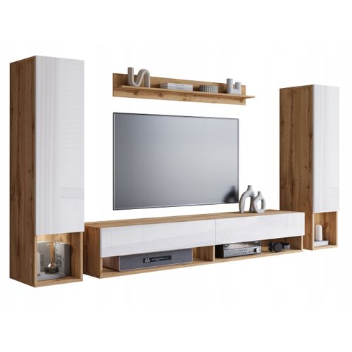 Mur TV Suspendu 180 Cm 2 Colonnes + Étagère Chêne Wotan Mat / Blanc Brillant