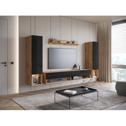 Mur TV Suspendu 180 Cm 2 Colonnes + Étagère Chêne Wotan Mat / Noir Brillant