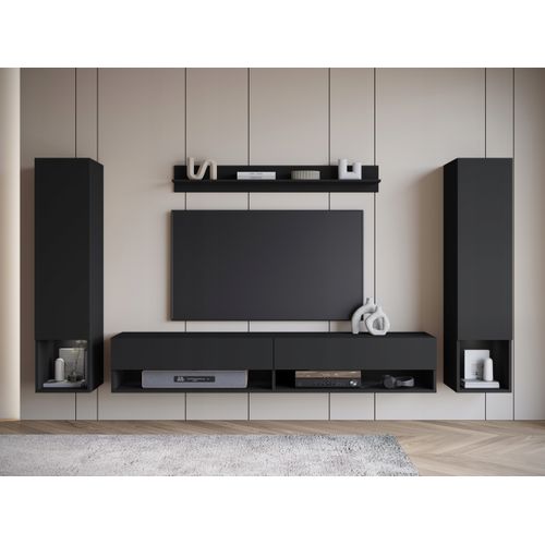 Mur TV Suspendu 180 Cm 2 Colonnes + Étagère Noir Mat