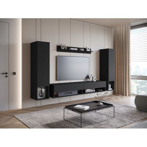 Mur TV Suspendu 180 Cm 2 Colonnes + Étagère Noir Mat