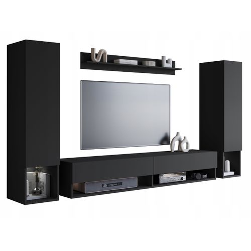 Mur TV Suspendu 180 Cm 2 Colonnes + Étagère Noir Mat