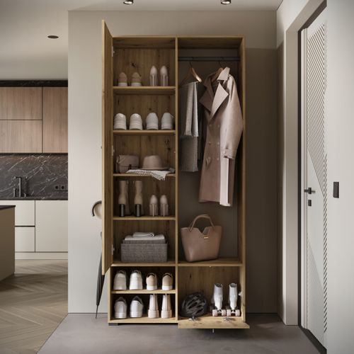 Armoire Entrée 90 Cm Miroir Étagères Tringle Artisan