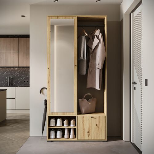 Armoire Entrée 90 Cm Miroir Étagères Tringle Artisan