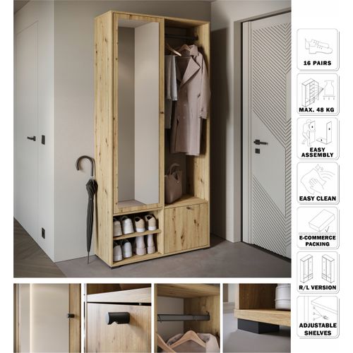 Armoire Entrée 90 Cm Miroir Étagères Tringle Artisan