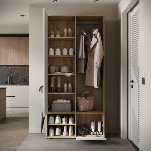 Armoire Entrée 90 Cm Miroir Étagères Tringle Artisan Blanc