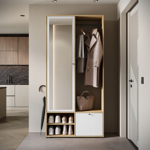 Armoire Entrée 90 Cm Miroir Étagères Tringle Artisan Blanc
