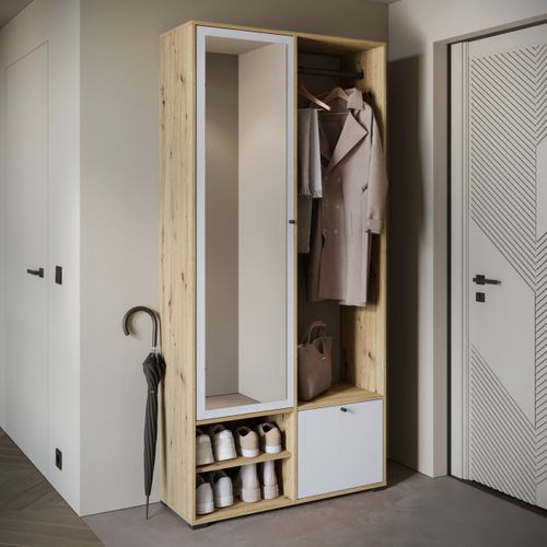 Armoire Entrée 90 Cm Miroir Étagères Tringle Artisan Blanc