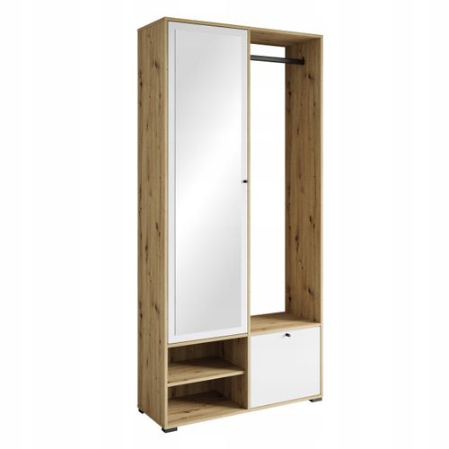 Armoire Entrée 90 Cm Miroir Étagères Tringle Artisan Blanc