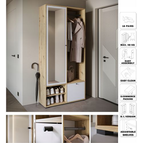 Armoire Entrée 90 Cm Miroir Étagères Tringle Artisan Blanc