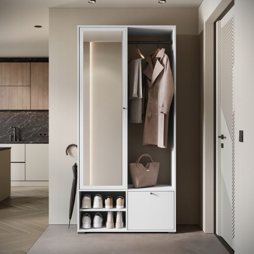 Armoire Entrée 90 Cm Miroir Étagères Tringle Blanc Mat
