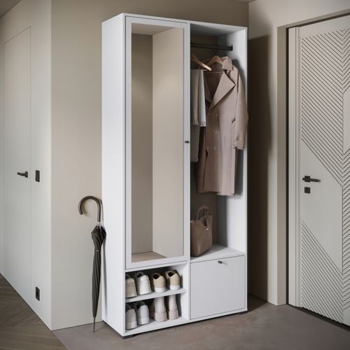 Armoire Entrée 90 Cm Miroir Étagères Tringle Blanc Mat