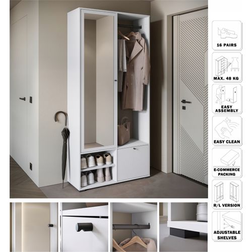 Armoire Entrée 90 Cm Miroir Étagères Tringle Blanc Mat