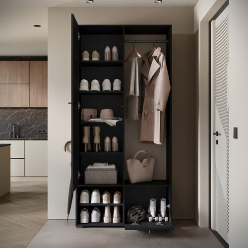 Armoire Entrée 90 Cm Miroir Étagères Tringle Graphite Noir Mat