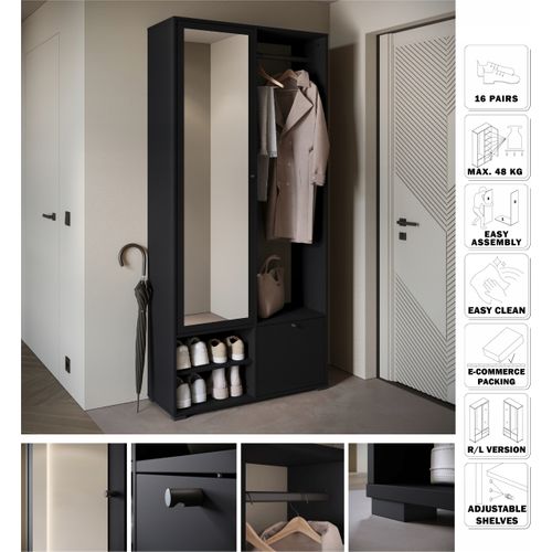 Armoire Entrée 90 Cm Miroir Étagères Tringle Graphite Noir Mat