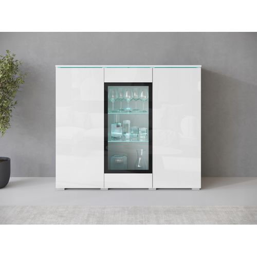 Vitrine Haute 120 Cm 3 Portes, Blanc Mat / Blanc Brillant