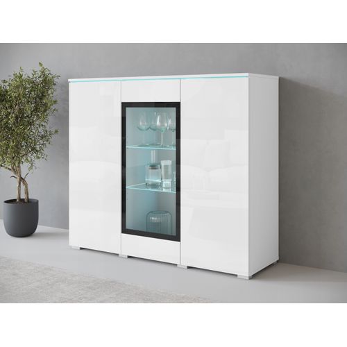 Vitrine Haute 120 Cm 3 Portes, Blanc Mat / Blanc Brillant