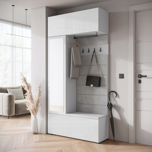 Armoire D’entrée Miroir + Assise + Étagères, Blanc Mat / Blanc Brillant