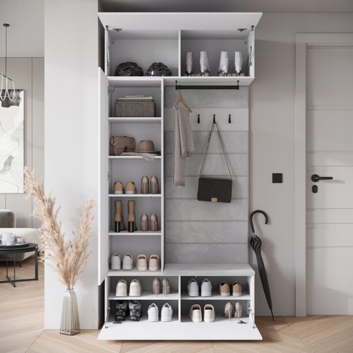 Armoire D’entrée Miroir + Assise + Étagères, Blanc Mat / Blanc Brillant