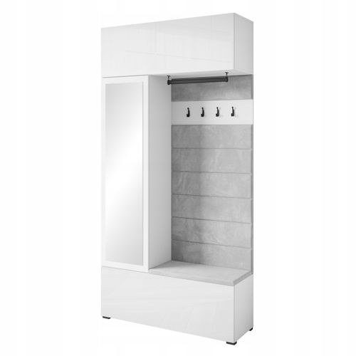 Armoire D’entrée Miroir + Assise + Étagères, Blanc Mat / Blanc Brillant