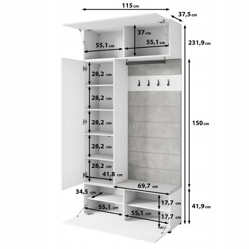 Armoire D’entrée Miroir + Assise + Étagères, Blanc Mat / Blanc Brillant