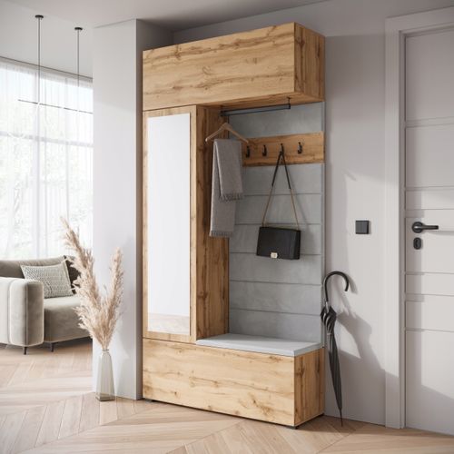 Armoire D’entrée Miroir + Assise + Étagères, Chêne Wotan Mat