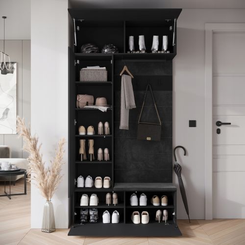 Armoire D’entrée Miroir + Assise + Étagères, Noir Mat