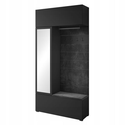 Armoire D’entrée Miroir + Assise + Étagères, Noir Mat