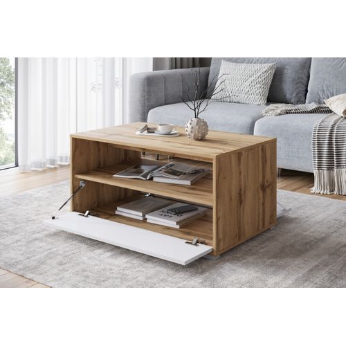 Table Basse 90 Cm Étagère + Compartiment Chêne Wotan / Blanc Mat