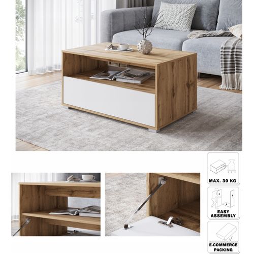 Table Basse 90 Cm Étagère + Compartiment Chêne Wotan / Blanc Mat