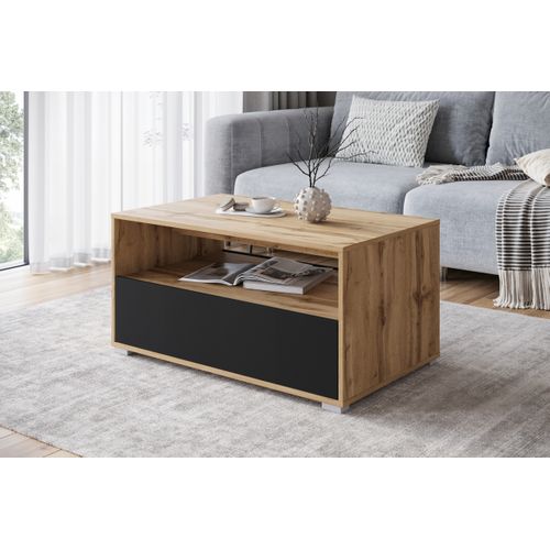Table Basse 90 Cm Étagère + Compartiment Chêne Wotan / Noir Mat