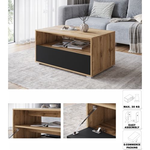Table Basse 90 Cm Étagère + Compartiment Chêne Wotan / Noir Mat