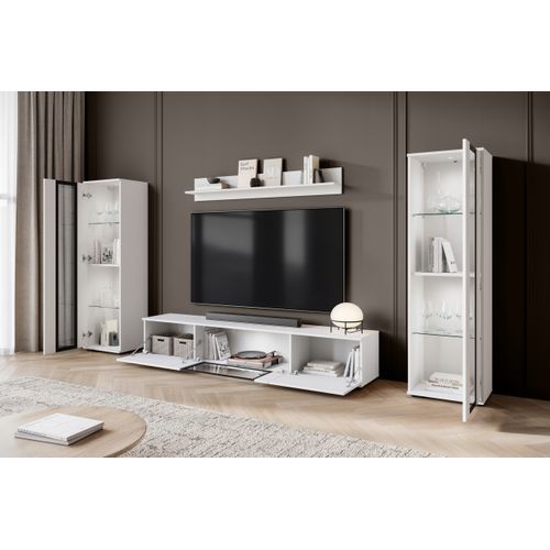 Mur TV 180 Cm 2 Vitrines Blanc Mat / Blanc Brillant