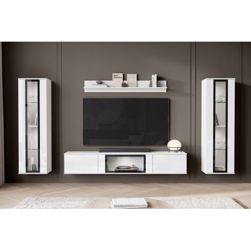 Mur TV 180 Cm 2 Vitrines Blanc Mat / Blanc Brillant